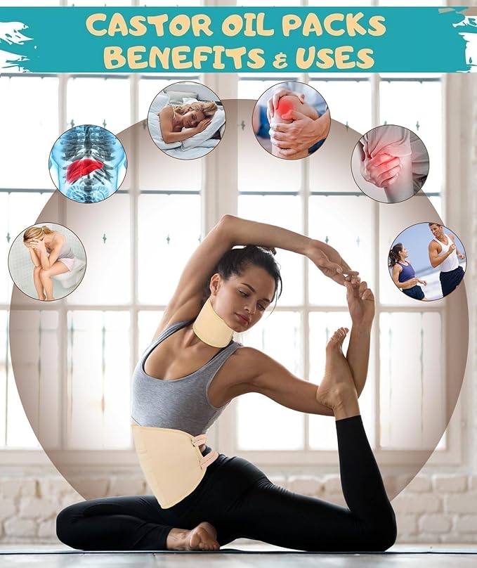 Castor Oil Pack Wrap & 8fl.oz Glass Bottle Set, Organic Cold-Pressed Unrefined Castor Oil Included