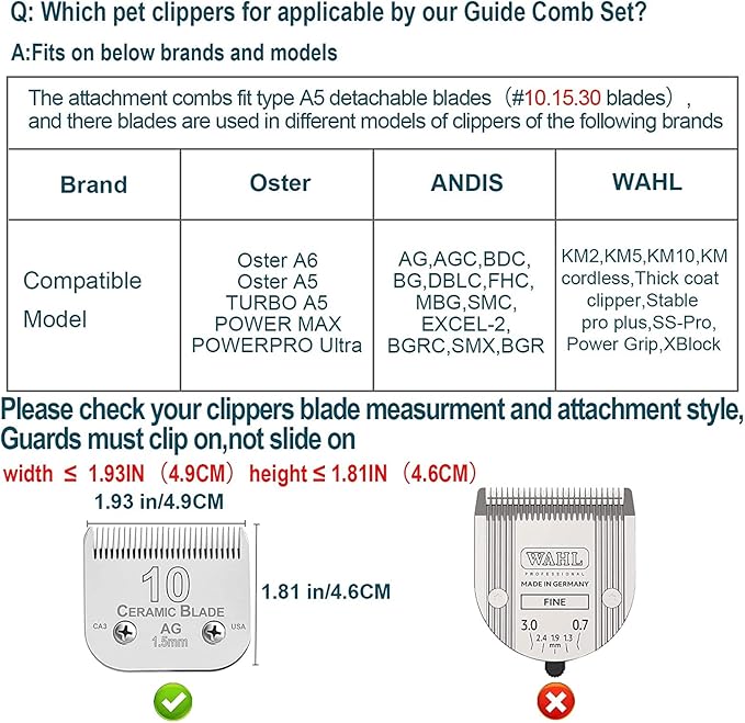 Professional Animal Stainless Steel 5 Color Guide Comb Set Compatible with andis Oster A5 wahl km10 10#/15#/30# Detachable Blade，Cutting Length 3mm-16mm