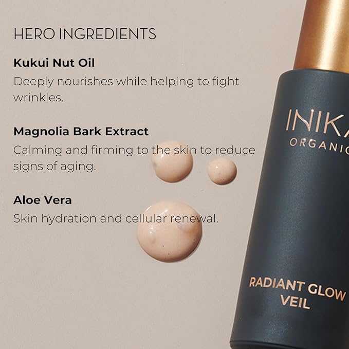 INIKA Organic Radiant Glow | Illuminate & Prime. Dewy, radiant Finish. Beautifying Primer, Nourishing Moisturiser, Finishing Highlighter. 100% Natural, 72% Organic Ingredients. Alcohol Free. 30mL