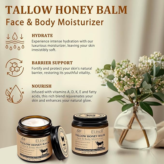 ELBBUB Whipped Tallow Cream for Face & Body - 100% Grass-Fed Beef Tallow, Natural Honey & Beeswax Moisturizer, Deep Hydration & Nourishment, Oil-Free & Unscented, Fast Absorbing