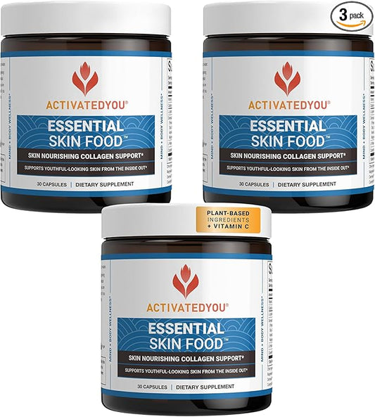 ACTIVATEDYOU Essential Skin Food - Plant Based Collagen Elastin Support Supplements for Women & Men - Supports Youthful Skin, Lysine & Dermaval for Collagen Production (3 Pack/90 Day Supply)