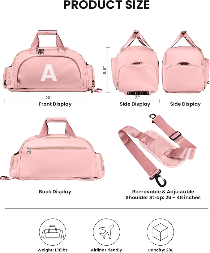 Teenager Girl Gifts Ideas, Initial Gym Bags with Shoe Compartment, Dance Bag for Girls, Monogram Kid Overnight Bags, Ballet Sport Gymnastics Cheer Travel Duffle Tote (Letter L)
