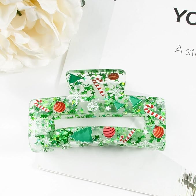 Christmas Hair Clips, Square Hair Claw Clips for Thick/Thin Hair, Green Glitter Snowflake Christmas Tree Design Medium Claw Clips, Strong Hold & Non-Slip Hair Styling Accessories for Xmas 1PCS