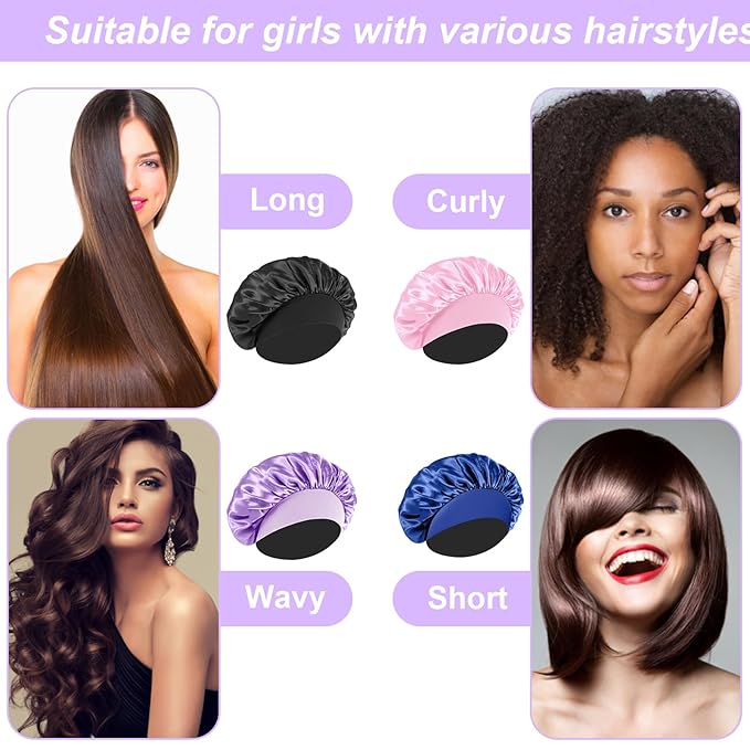 4Pcs Silk Hair Bonnets for Sleeping - Elastic Wide Band Satin Hair Wrap for Sleeping Black Women Men,Silk Bonnets for Curly Hair,Sleep Cap (Purple & Pink & Sapphire Blue & Black)