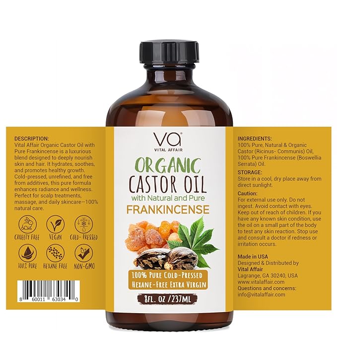VITAL AFFAIR Organic Castor & Frankincense Oil Blend - 100% Pure and Natural, Cold Pressed, Unrefined Glass Bottle Castor and Frankincense Oil For Face & Hair Growth - 8oz