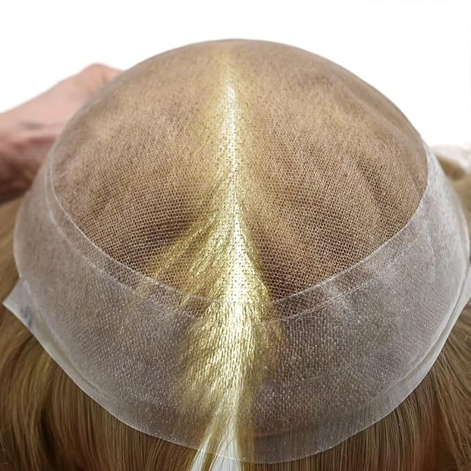 FACE MIRACLE Toupee for Men French Lace Hairpiece Human Hair Replacement System Skin PU Mens Toupee Hair Wigs for Man V-Looped Front Hair Prosthesis 7"X9" 17R#BROWN/BLONDE MIX WARM TONE