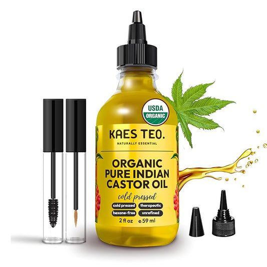 Organic Castor Oil 100% Pure Cold Pressed 2 Fl Oz Extra Virgin Unrefined Hexane Free - USDA Certified Organic, Golden Castor oil for Face, Skin, Hair, Eyebrows - Boost Hair Growth