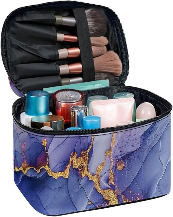 JoyLamoria Purple Marble Print Portable Cosmetic Bag Travel Makeup Bag Large Capacity Zipper Pouch