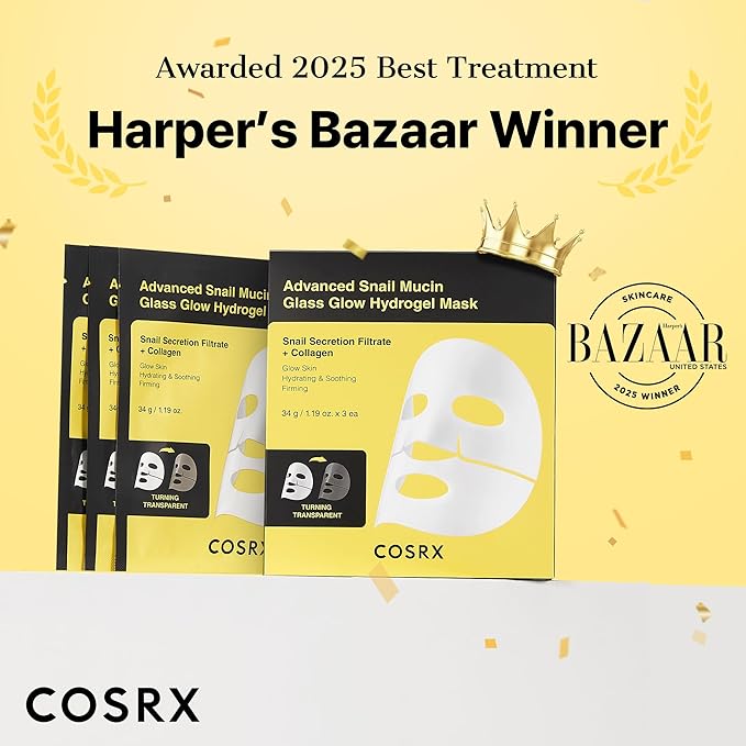 COSRX Advanced Snail Mucin Glass Glow Hydrogel Face Masks Skincare 3 EA, Collagen Face Mask, Travel Essentials, Overnight Face Mask, Korean Skin Care, Stocking Stuffers for Women