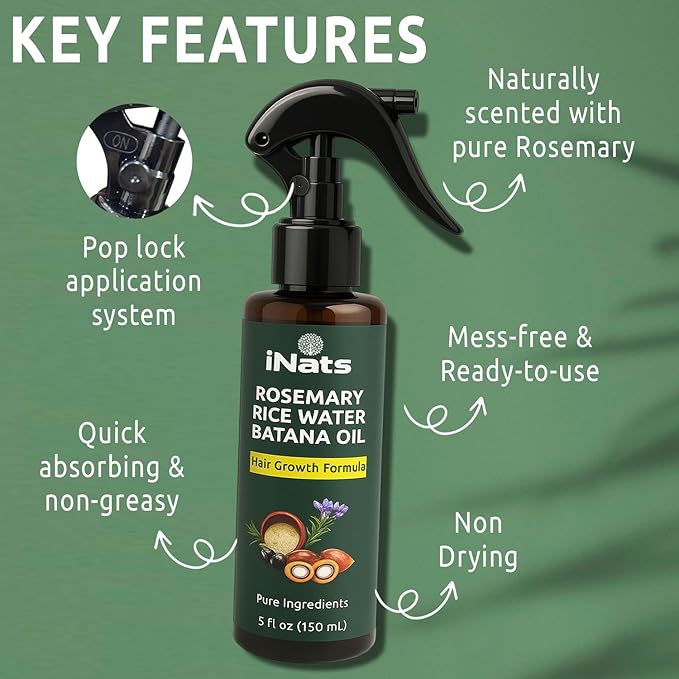 Rosemary Water Spray for Hair Growth w/Rice Water, Biotin, Batana & Peppermint Oil – Non-Sticky Organic Hair Growth Spray to Control Hair fall & Strengthen Strands - For Men & Women – 5 fl oz
