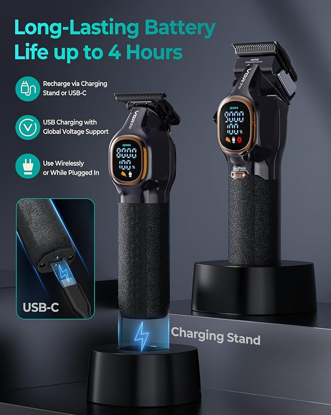 Professional Hair Clippers for Men, Professional Barber Clippers and Trimmer Set, Cordless Hair Clippers for Hair Cutting with Package Case, Powerful 9000 PRM Rechargable Electric (Black)