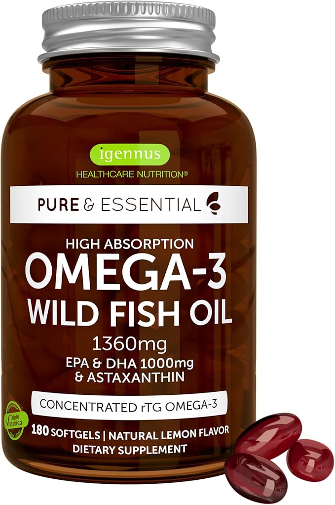 Igennus Ultra Pure Omega 3 Triglyceride rTG Wild Fish Oil 1360mg, IFOS Certified, EPA DHA 1000mg Plus Astaxanthin, Non-GMO, for Men & Women, 180 Softgels