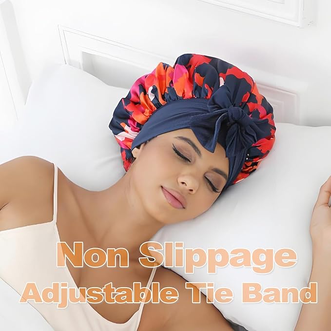 GDTOGRT Satin Silk Bonnet for Sleeping Women - Double Layer Sleep Hair Bonnets Caps for Curly Braid Hair with Tie Band