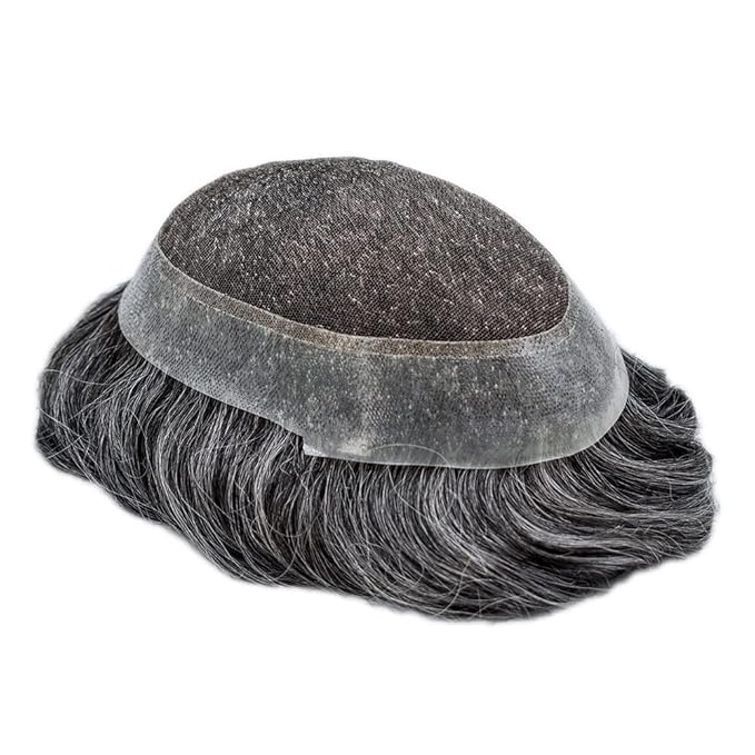 Mens Toupee Human Hair Piece French Lace Toupee for Man Hair System Indian Human Hair Replacement Systems V-Looped PU Front Hairpieces 7"X9" #1B30 1B# OFF BLACK WITH 30% SYNTHETIC GREY