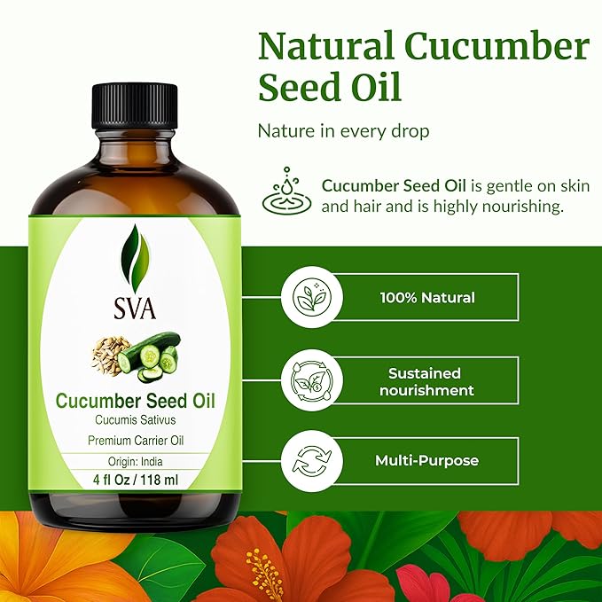SVA Cucumber Seed Oil - 4 Fl Oz – 100% Natural Cold Pressed Cucumber Oil - for Face, Skin Care, Hair Care, Scalp Massage & Body Massage – Carrier Oil with Dropper