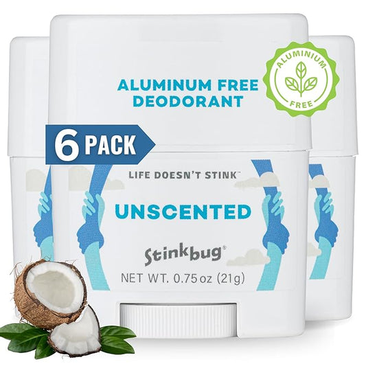 Stinkbug Naturals Aluminum Free Organic Travel Size Deodorant Stick with Unscented, Coconut Oil, Paraben Free, Sensitive Skin Deodorant, 0.75 Ounce Pack of 6