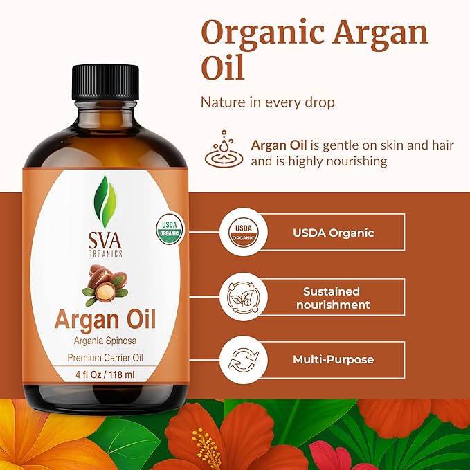 SVA Argan Oil Organic - 4 Fl Oz – 100% Natural Cold Pressed Organic Argan Oil - for Face, Skin Care, Hair Care, Scalp Massage & Body Massage – Carrier Oil with Dropper