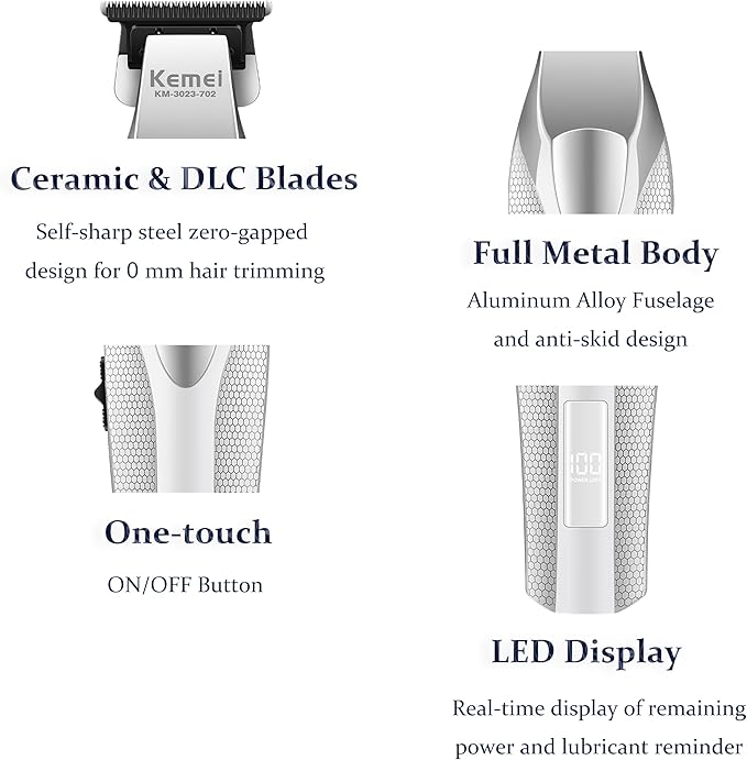 KEMEI 3023-702 Hair & Beard Trimmer for Men, 9000 RPM Zero Gapped Trimmers for Barbers with Full Metal Body, Professional Hair Clippers with LED Display, Ceramic and DLC Blades