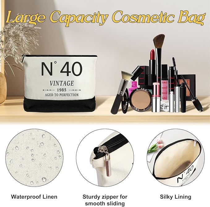 40th Birthday Gifts for Women Canvas Tote Bag Travel Gear, Unique 40 Years Old Birthday Gifts for Her Mom Wife Aunt Friends, Vintage N40 Handbag & Cosmetic Bag & Back in 1985 Poster