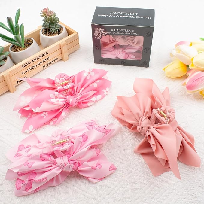 Bow Claw Clips Bow Hair Clips Pink 3PCS Big Hair Bows for Women Butterfly Styling Large Hair Clips for Thick Hair for Girls Hair Accessories for Women