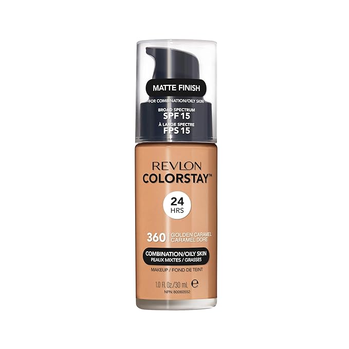 Revlon Liquid Foundation, ColorStay Face Makeup for Combination & Oily Skin, SPF 15, Medium-Full Coverage with Matte Finish, 360 Golden Caramel, 1 Fl Oz