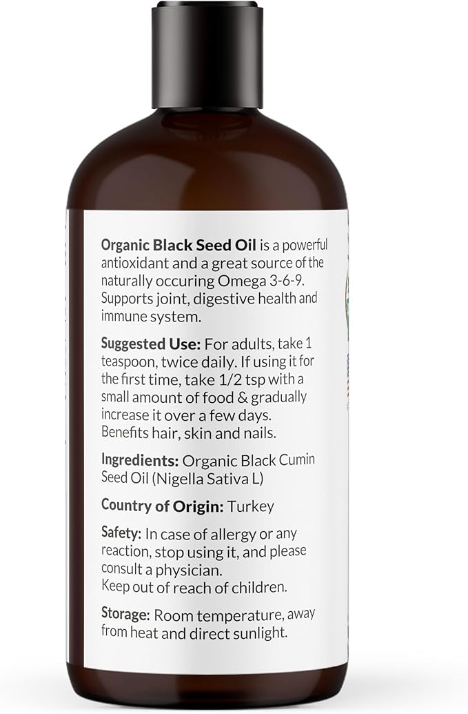 NaturoBliss Organic Black Seed Oil 100 Virgin Cold Pressed Omega 3 6 9 Super Antioxidant for Immune Support, Joints, Mobility, Digestion, Hair Skin Vegan, Gluten-Free, Non-GMO USDA Certified 8oz