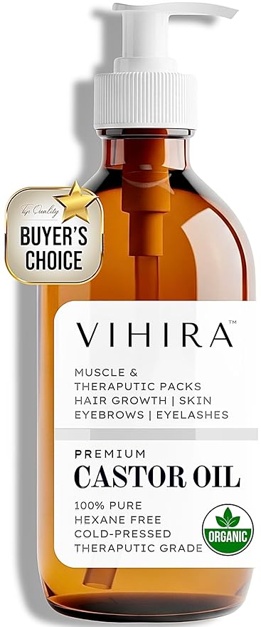 Premium Organic Castor Oil (16oz | Premium Glass Bottle), Cold Pressed, 100% Pure, Extra Virgin, Hexane Free, for Hair Growth, Eyelash, Eyebrow, Cuticles, Nails, Skin, Belly Button, Muscle & Wellness.