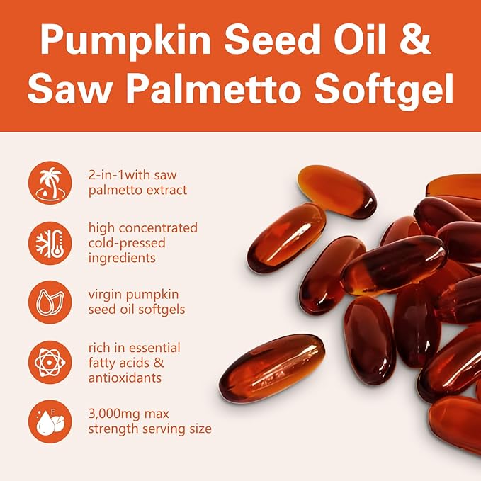 Pumpkin Seed Oil with Saw Palmetto, 3000mg Per Serving, 300 Softgels | Cold Pressed, Pure Virgin Oil, Essential Fatty Acids & Phytosterols | Supports Hair, Urinary, Bladder & Prostate Health | Non-GMO