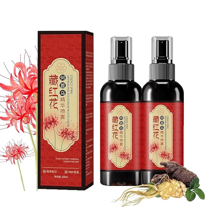 2Pcs Saffron Hair Spray,Herbal Black Hair Spray,Saffron Hairs Blackening Spray,Essence Spray Saffron and Polygonum Multiflorum Leaving Hairs Shiny Non-Frizzy
