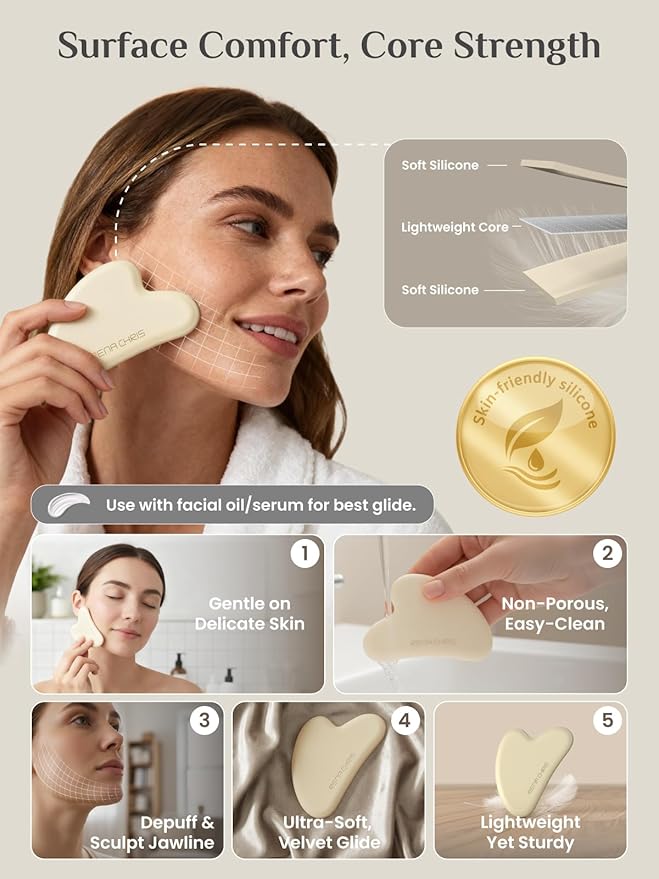 Rena Chris Gua Sha Facial Tools, Silicone Guasha Tool for Face and Neck Acupuncture, Facial Manual Massager Tool for Jawline Sculpting and Puffiness Reducing, Skincare Gift for Women