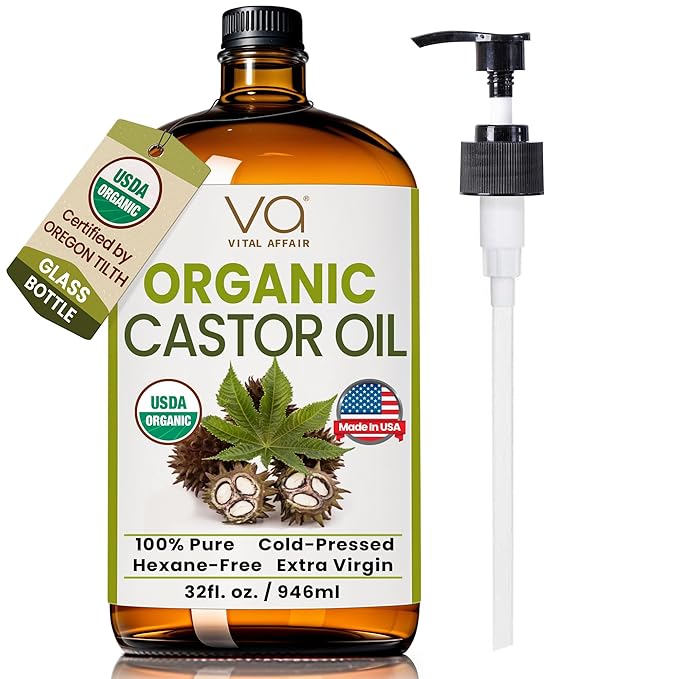 Pure Organic Castor Oil 32oz – Cold Pressed, Unrefined, USDA Organic – Glass Bottle for Hair Growth, Eyelashes, Eyebrows, Face & Castor Oil Packs