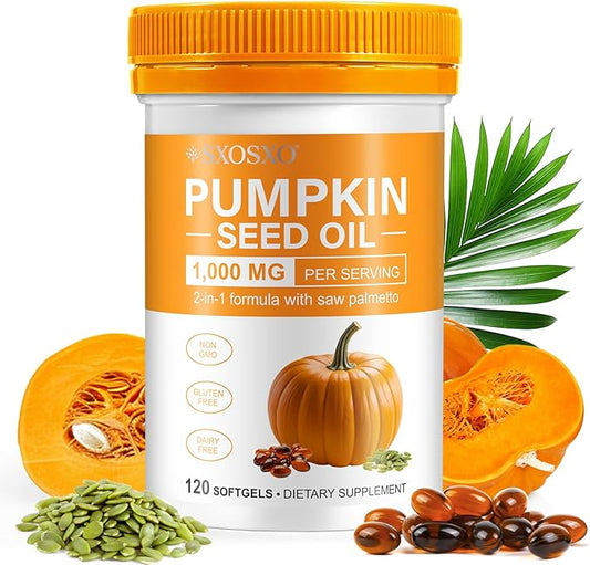 Pumpkin Seed Oil Capsules | Pumpkin Seed Oil with Saw Palmetto Softgels | Organic Pumpkin Seed Extract for Hair Growth, Bladder & Prostate Health | Cold Pressed & Pure Virgin, 1000mg, 120 Softgels