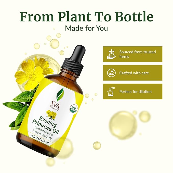 SVA Evening Primrose Oil Organic - 4 Fl Oz – 100% Natural Cold Pressed Organic Evening Primrose Oil - for Face, Skin Care, Hair Care, Scalp Massage & Body Massage – Carrier Oil with Dropper