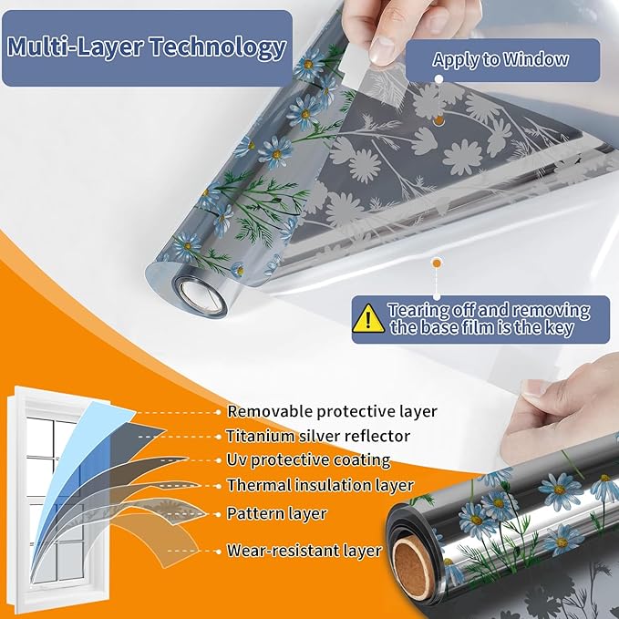 One Way Privacy Film, Window Tint for Home,Daytime Reflective, Anti UV Static Cling Sliding Door Coverings No Glue Garage Solar Paper (Silver -Daisy, 23.6 x 157.4 in)