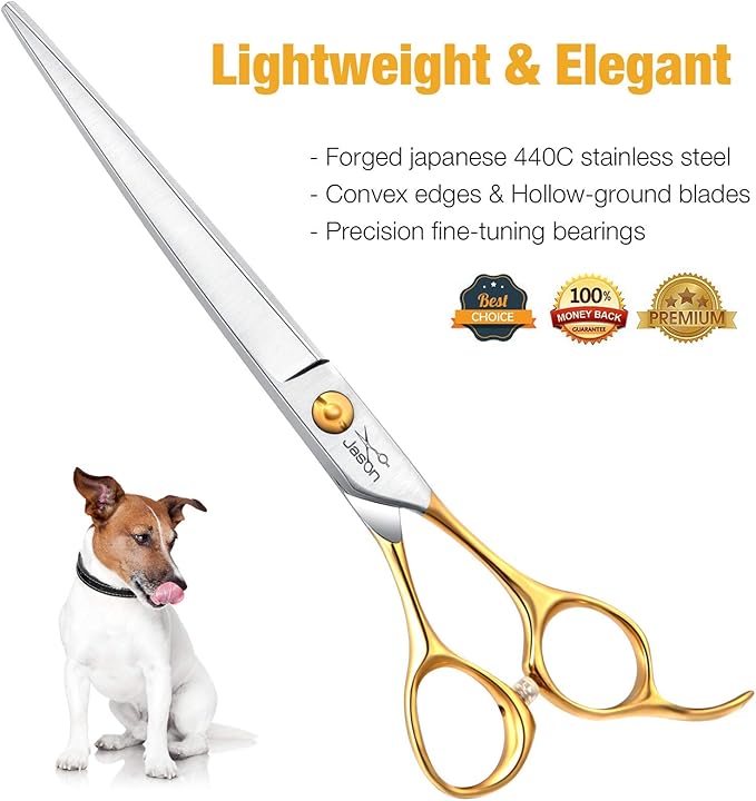 JASON 7.5" Dog Grooming Scissors Cats Trimming Shears Professional Pets Scissor Kit for Right Handed Groomers Gold Sharp Shear Christmas Gift