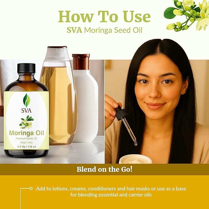 SVA Moringa Seed Oil - 4 Fl Oz – 100% Natural Cold Pressed Moringa Oil - for Face, Skin Care, Hair Care, Scalp Massage & Body Massage – Carrier Oil with Dropper