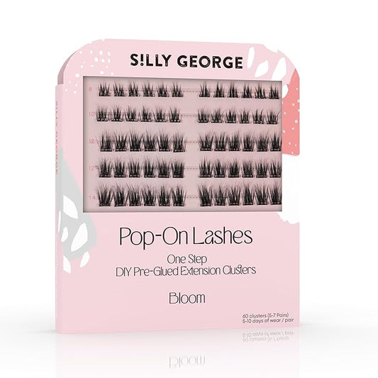 Silly George Pop-On Lashes - DIY 1-Step Pre-Glued Faux Eyelash Clusters, Natural Look Extensions, Black - Bloom, 5-7 Pair Set, Pack of 60 Clusters