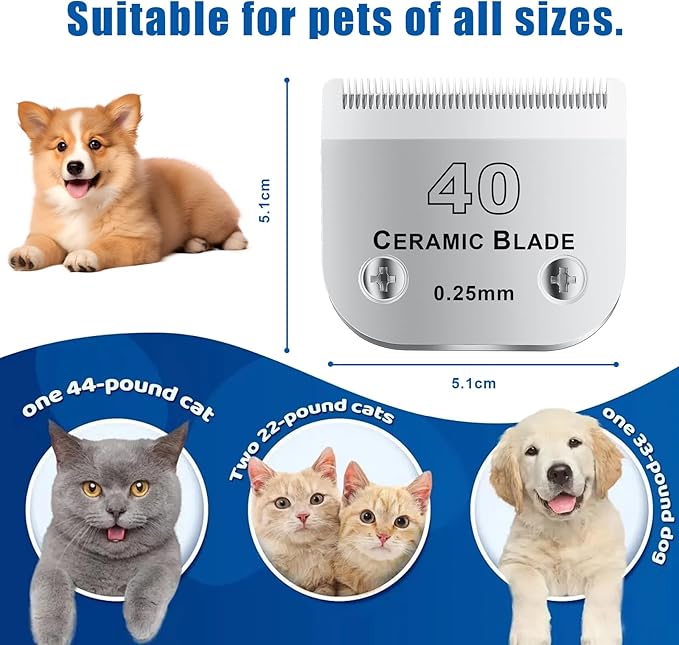 40# Detachable Pet Dog Grooming Clipper Ceramic Blade,Compatible with Andis Size 40 Cut Length 1/100"(0.25mm),Compatible with andis/wahl/Oster Dog Clippers 2PCS