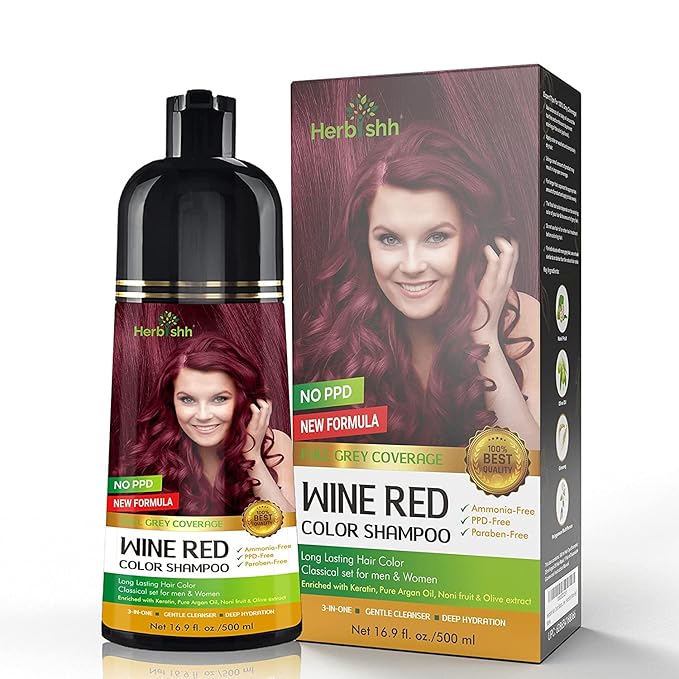 Herbishh Hair Color Shampoo - Magic Dye for Gray Hair, Long Lasting Color in Minutes, 3-In-1, Ammonia-Free, 500 Ml (Wine Red)