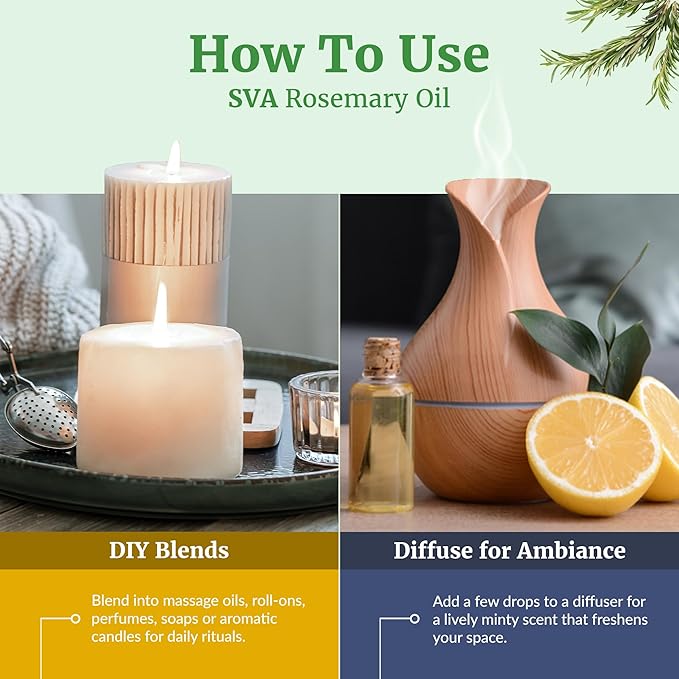 SVA Rosemary Essential Oil – 1 Fl Oz – 100% Natural Rosemary Oil for Hair, Face, Skin Care, Diffuser, Aromatherapy, Scalp, Body Massage, Soap and Candle Making – with Dropper