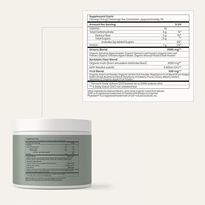 Perelel Synbiotic Greens Powder, Superfood Blend with Fruits, Vegetables, Probiotics, Fiber, Spirulina & Chlorella, Daily Greens Supplement, Soy & Gluten Free, Non GMO, Acai Berry Flavor, 30 Servings