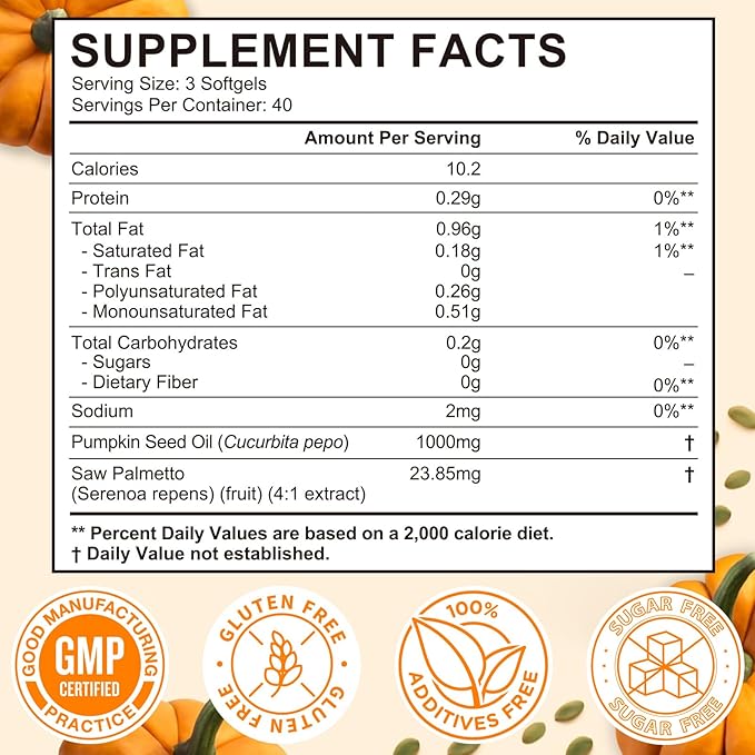 Pumpkin Seed Oil Capsules | Pumpkin Seed Oil with Saw Palmetto Softgels | Organic Pumpkin Seed Extract for Hair Growth, Bladder & Prostate Health | Cold Pressed & Pure Virgin, 1000mg, 120 Softgels