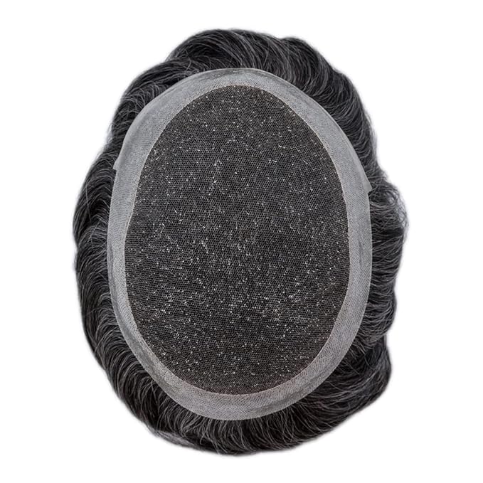 FACE MIRACLE Lace Front Mens Toupee Human Hair System Swiss Lace Center Toupee for Men Thin Skin PU Hair Replacement System V-Looped Mens Hair Wig 7"X9" #1B40 1B# OFF BLACK WITH 40% SYNTHETIC GREY