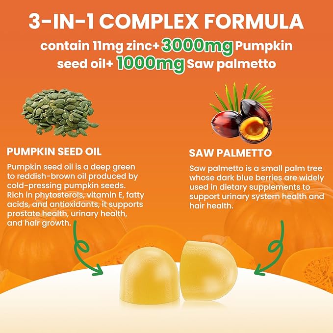Pumpkin Seed Oil with Saw Palmetto Gummies, Organic Pumpkin Seed Oil Supplement for Hair Growth, Prostate Health, Bladder &Urinary Tract Support, High Pure Extract for Adults, Orange Flavor, 120 Count