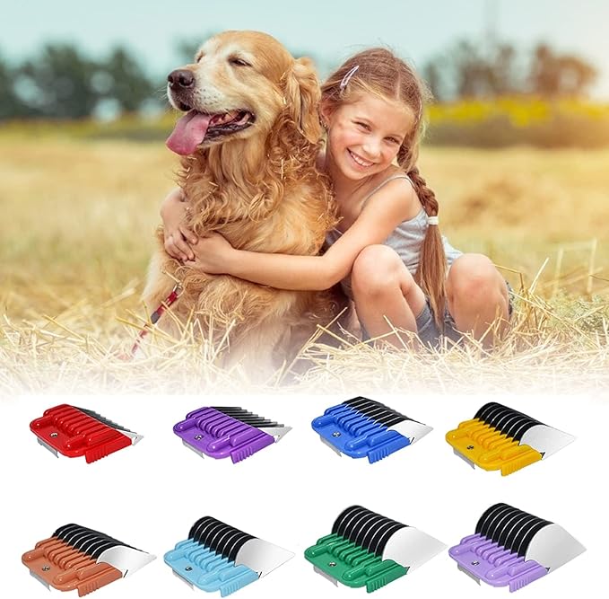 Animal Stainless Steel Attachment 8 Colors Guide Comb Set from 1/8 Inch to 1 Inch(3-25mm),Compatible with Andis, Oster A5, Wahl KM10 Series Clipper Detachable Blade(Only fit for 15# 10# 30# blade)