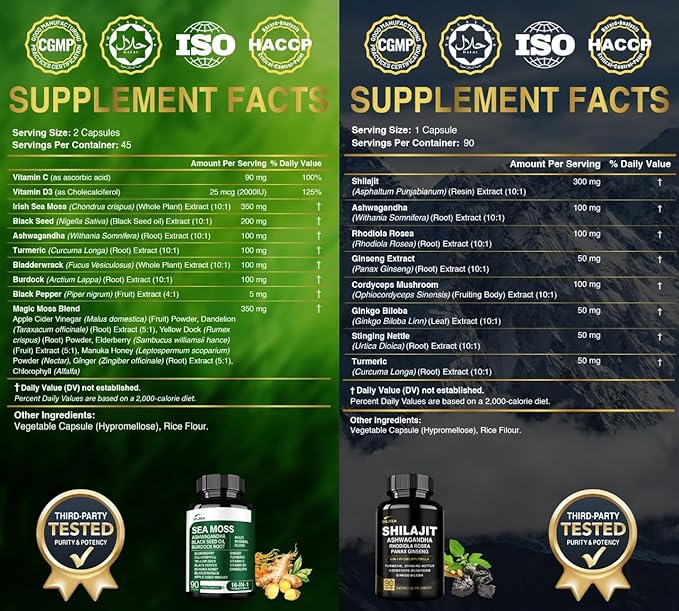 Shilajit 9000mg, Sea Moss 17500mg, Ginger & Black Seed Oil 4000mg, Ashwagandha 5000mg, Rhodiola Rosea, 1000mg Panax Ginseng 1500mg, All in 1 Supplement - Sea Moss & Shilajit Vitality Bundle