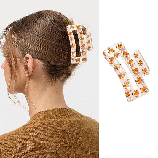 Christmas Hair Clip, Christmas Cute Gingerbread Man Claw Clips, Rectangular Large Hair Claw Clips for Thick/Thin Hair, Xmas Brown Gingerbread Design Medium Hairpin, Hair Accessories for Xmas