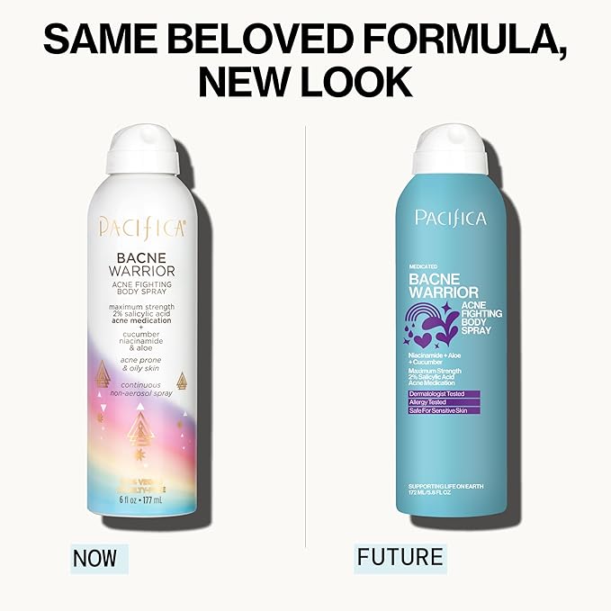 Pacifica Bacne Warrior - Bacne Salicylic Acid Spray, Back Acne Treatment Spray with 2% Salicylic Acid, Niacinamide, and Aloe, Body Acne Warrior for Body, Chest, and Back, Dermatologist Tested- 6 Fl Oz