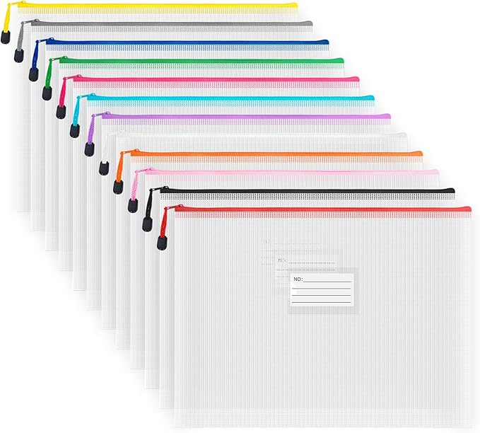 AUSTARK Plastic Mesh Zipper Pouch, 12Pcs Zipper File Bags with Label Pocket, Game Boards Storage Bags, Waterproof Document Storage Bags for Office Home Travel Cosmetic (B4 Size 15x11 in)