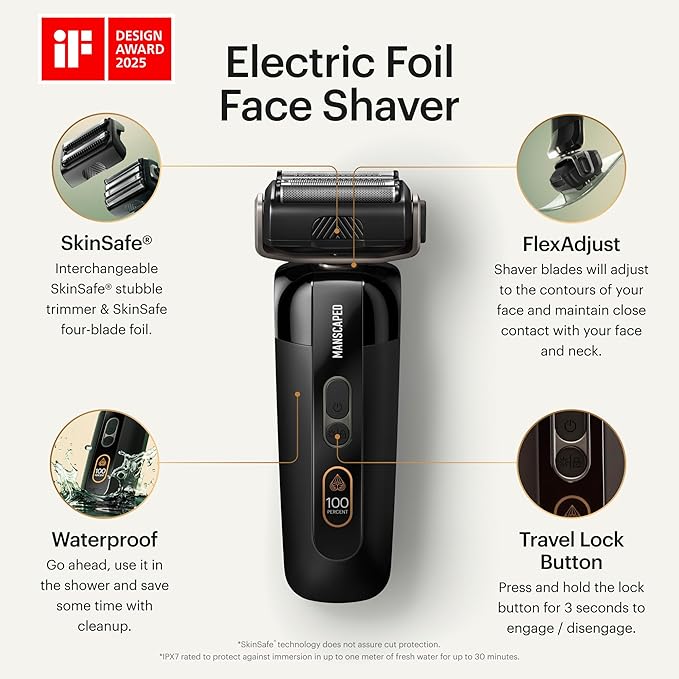 MANSCAPED® The Chairman™ PRO Men’s Electric Foil Face Shaver - Two Interchangeable Blade Heads, SkinSafe® Four-Blade Foil & Stubble Trimmer, USB-C Wireless Compatible Charging, Gentle on Neck